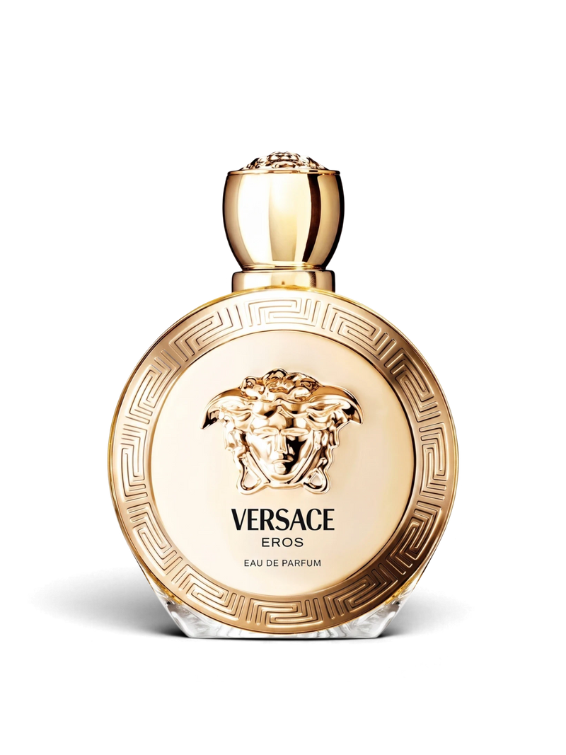 euaden Versace Eros Pour Femme kadın parfümü, altın rengi yuvarlak şişesi ve ikonik Medusa kabartmalı lüks tasarımı