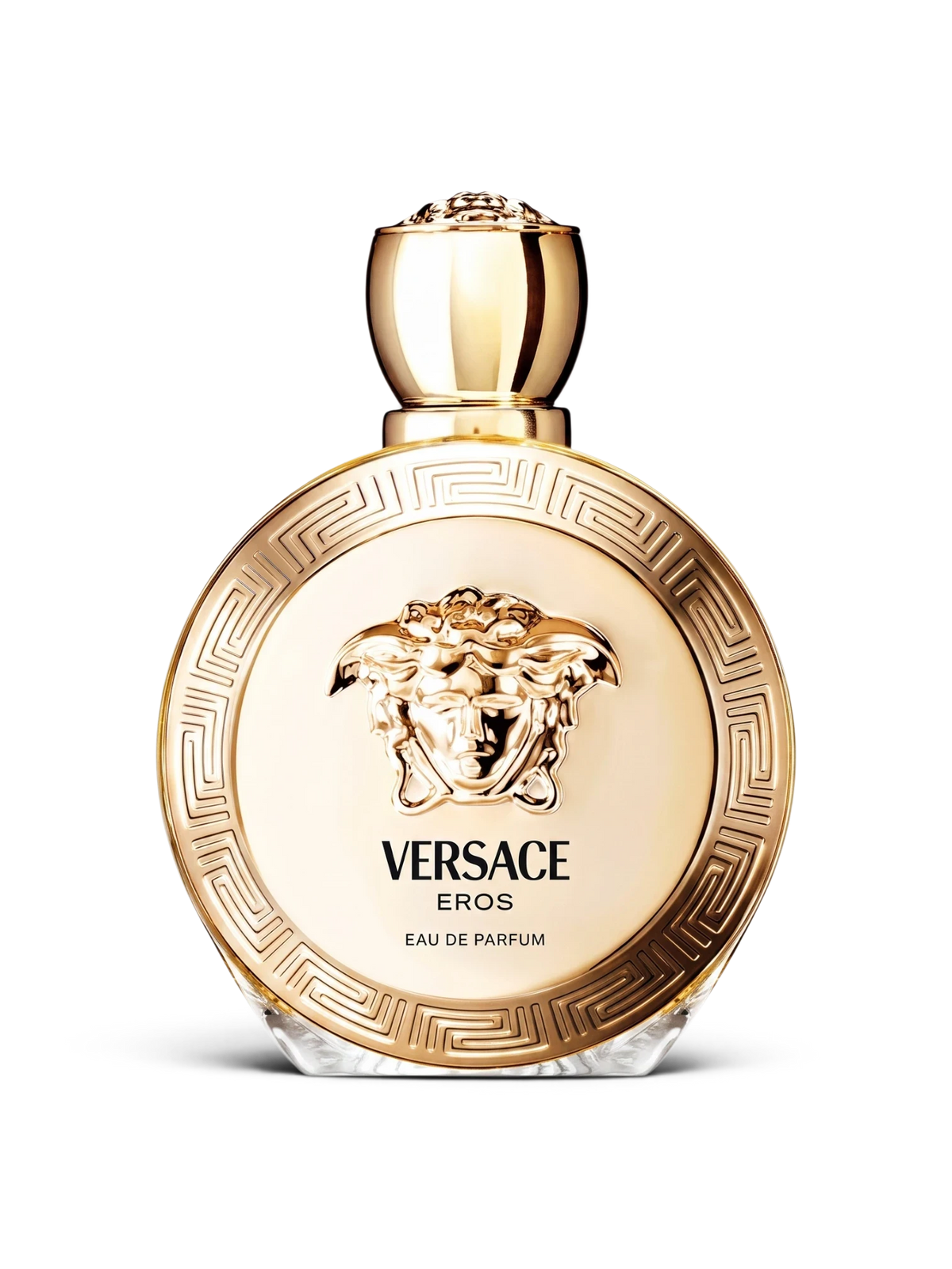 euaden Versace Eros Pour Femme kadın parfümü, altın rengi yuvarlak şişesi ve ikonik Medusa kabartmalı lüks tasarımı