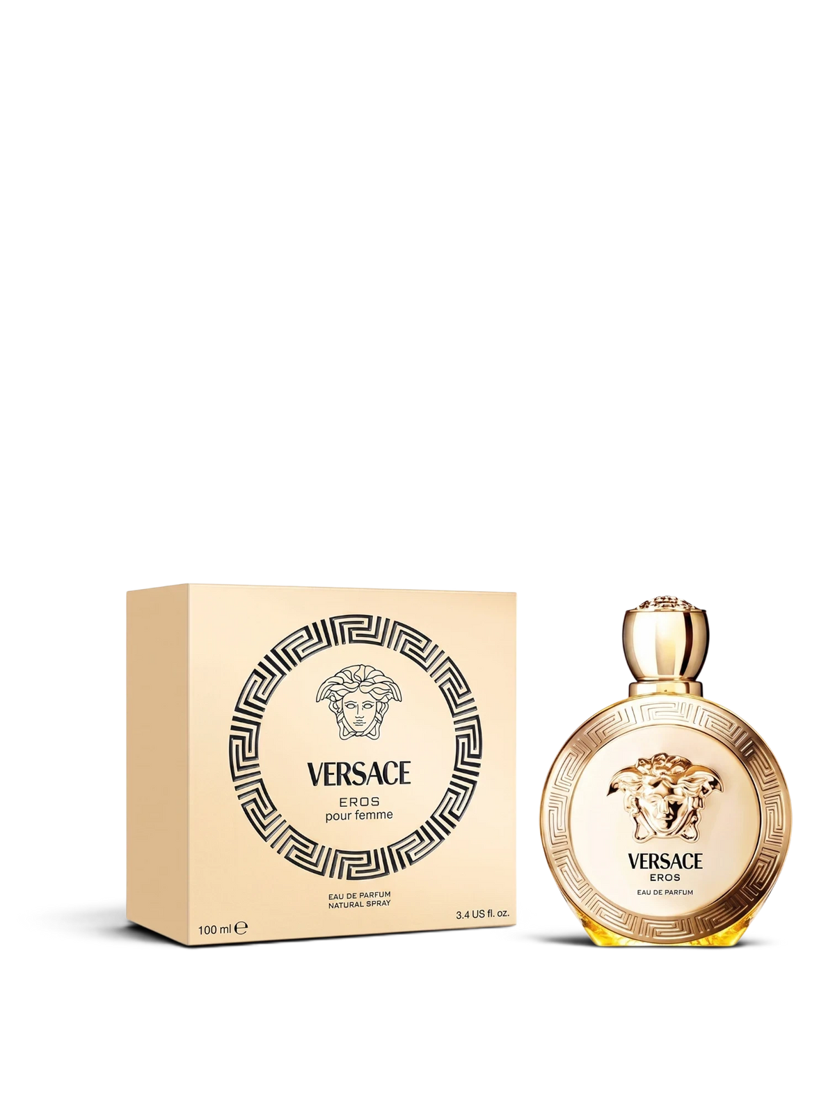 euaden Versace Eros Pour Femme kadın parfümü, altın rengi yuvarlak şişesi ve şık kutusu ile 100 ml EDP