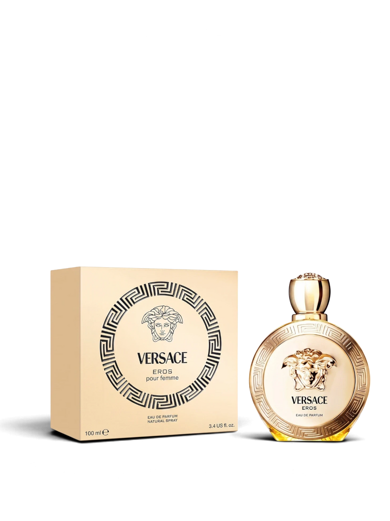 euaden Versace Eros Pour Femme kadın parfümü, altın rengi yuvarlak şişesi ve şık kutusu ile 100 ml EDP