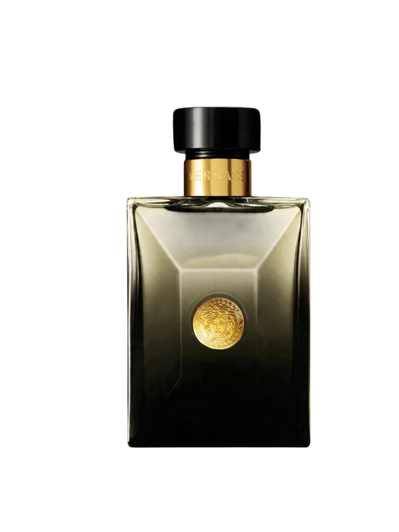 euaden Versace Pour Homme Oud Noir erkek parfümü, altın Medusa logolu şık siyah cam şişesiyle 100 ml EDP