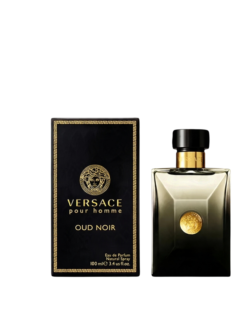 euaden Versace Pour Homme Oud Noir erkek parfümü, siyah ve altın detaylı şık şişesi ve kutusu ile 100 ml EDP.