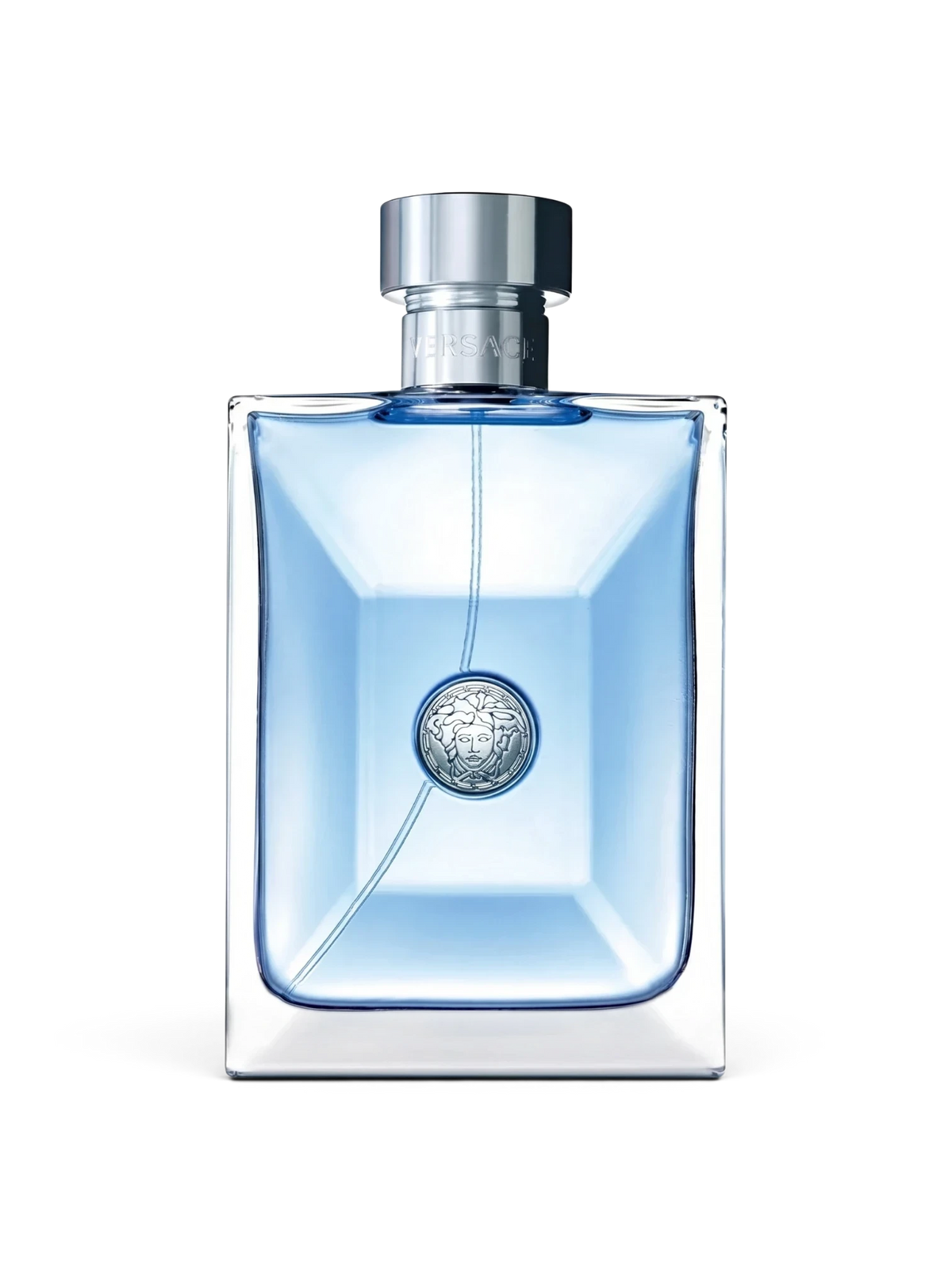 euaden Versace Pour Homme 200 ml erkek parfümü, şık cam şişesi ve ikonik Medusa amblemi ile mavi renkli tasarım.