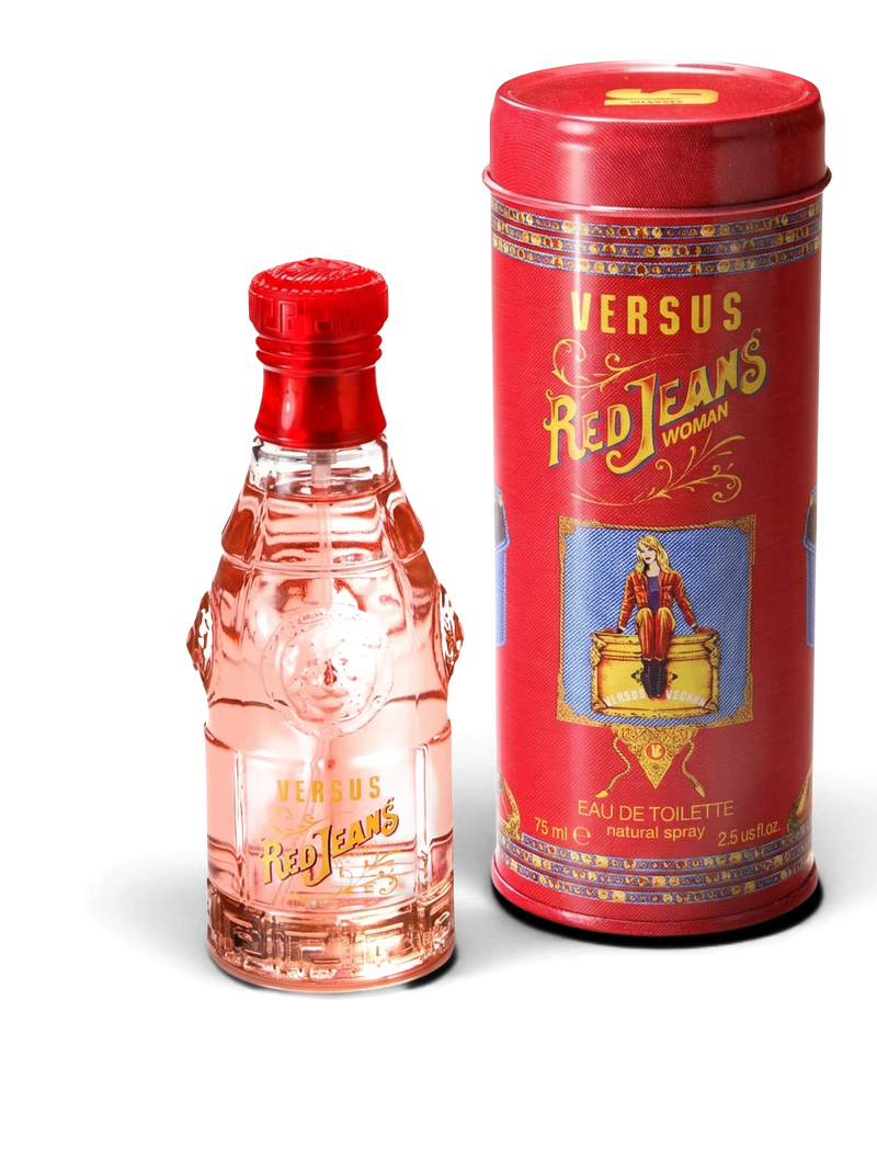 euaden Versace Red Jeans kadın parfümü, 75 ml cam şişe ve ikonik kırmızı metal kutusu ile birlikte