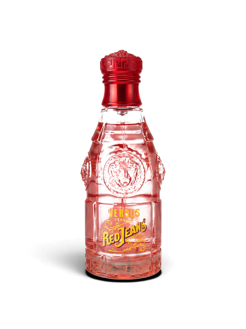 euaden Versace Red Jeans kadın parfümü, kırmızı kapaklı ve ikonik kabartmalı cam şişede 75 ml EDT