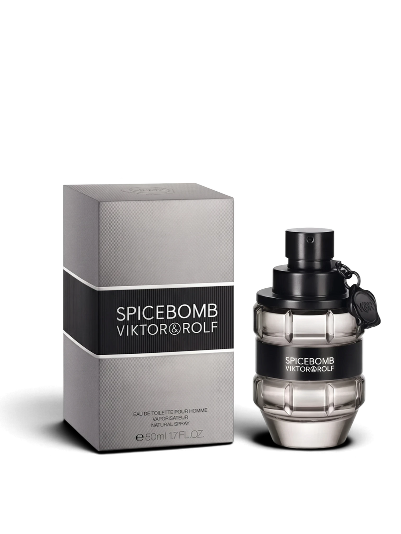euaden Viktor & Rolf Spicebomb 50 ml erkek parfümü, el bombası şeklinde ikonik siyah şişesi ve gri kutusu ile