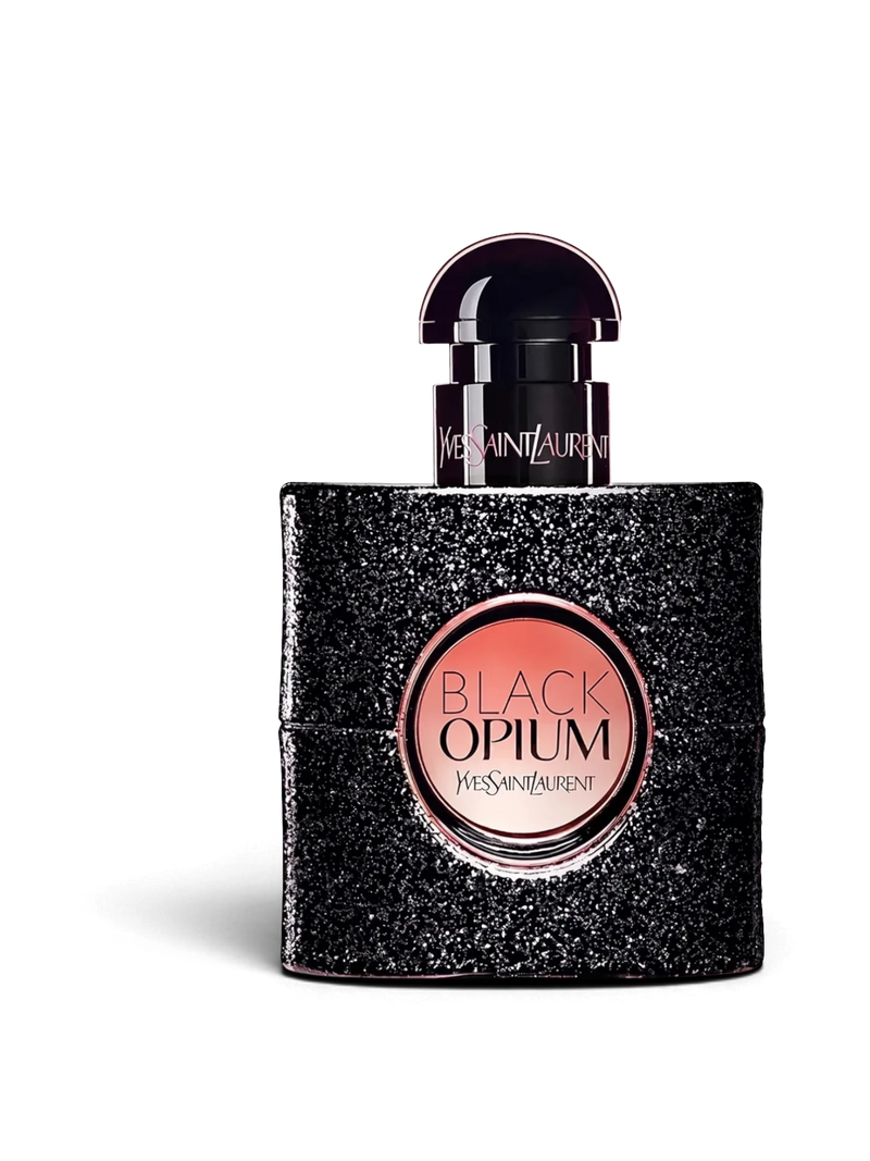 euaden Yves Saint Laurent Black Opium kadın parfümü, siyah simli şişesi ve ikonik yuvarlak pembe merkez tasarımıyla.