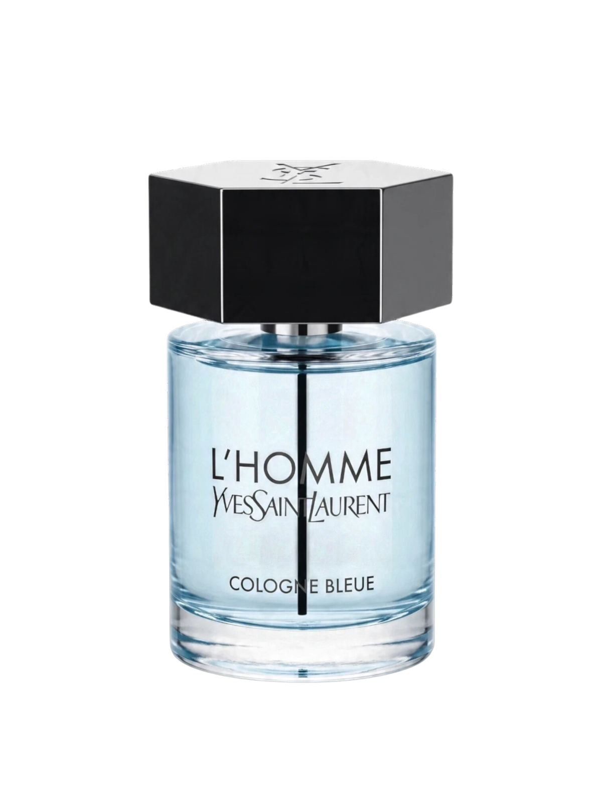 Euaden Yves Saint Laurent L'Homme Cologne Bleue erkek parfümü, şık cam şişesi ve siyah altıgen kapağı ile