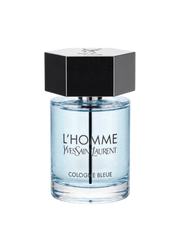 Euaden Yves Saint Laurent L'Homme Cologne Bleue erkek parfümü, şık cam şişesi ve siyah altıgen kapağı ile