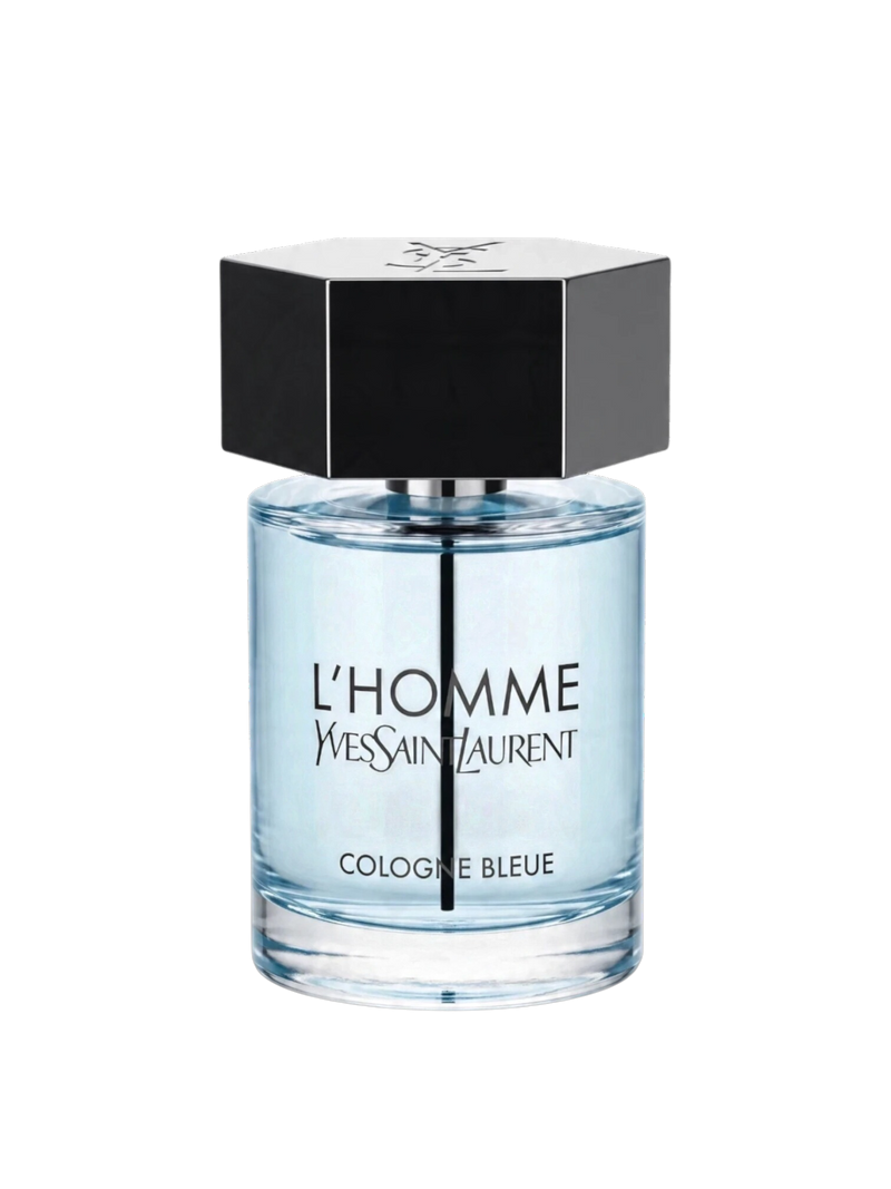 Euaden Yves Saint Laurent L'Homme Cologne Bleue erkek parfümü, şık cam şişesi ve siyah altıgen kapağı ile