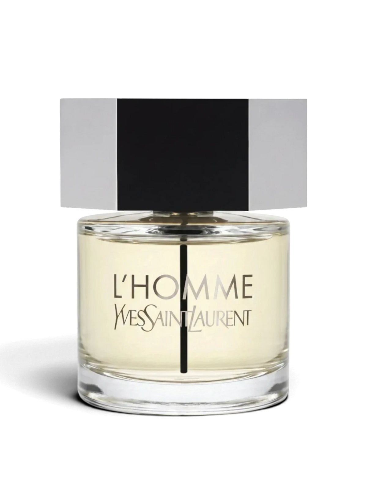 euaden Yves Saint Laurent L'Homme erkek parfümü, şeffaf cam şişesi ve ikonik altıgen metal kapağı ile