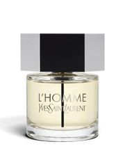 euaden Yves Saint Laurent L'Homme erkek parfümü, şeffaf cam şişesi ve ikonik altıgen metal kapağı ile
