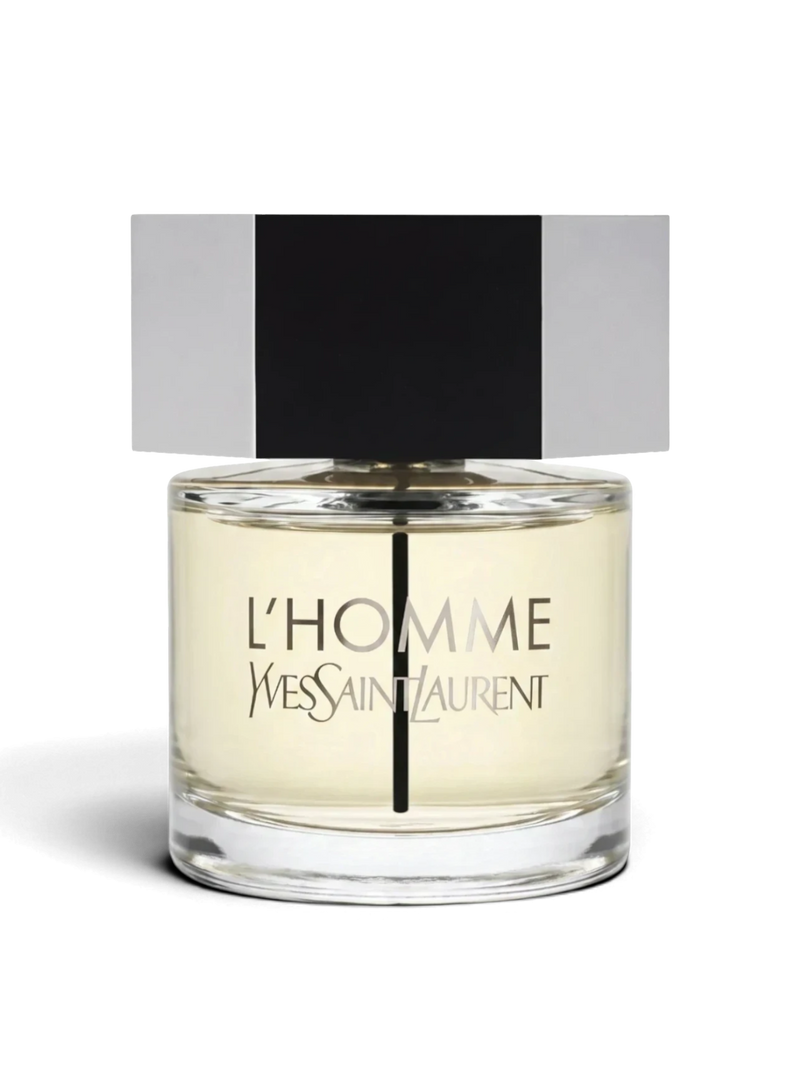 euaden Yves Saint Laurent L'Homme erkek parfümü, şeffaf cam şişesi ve ikonik altıgen metal kapağı ile