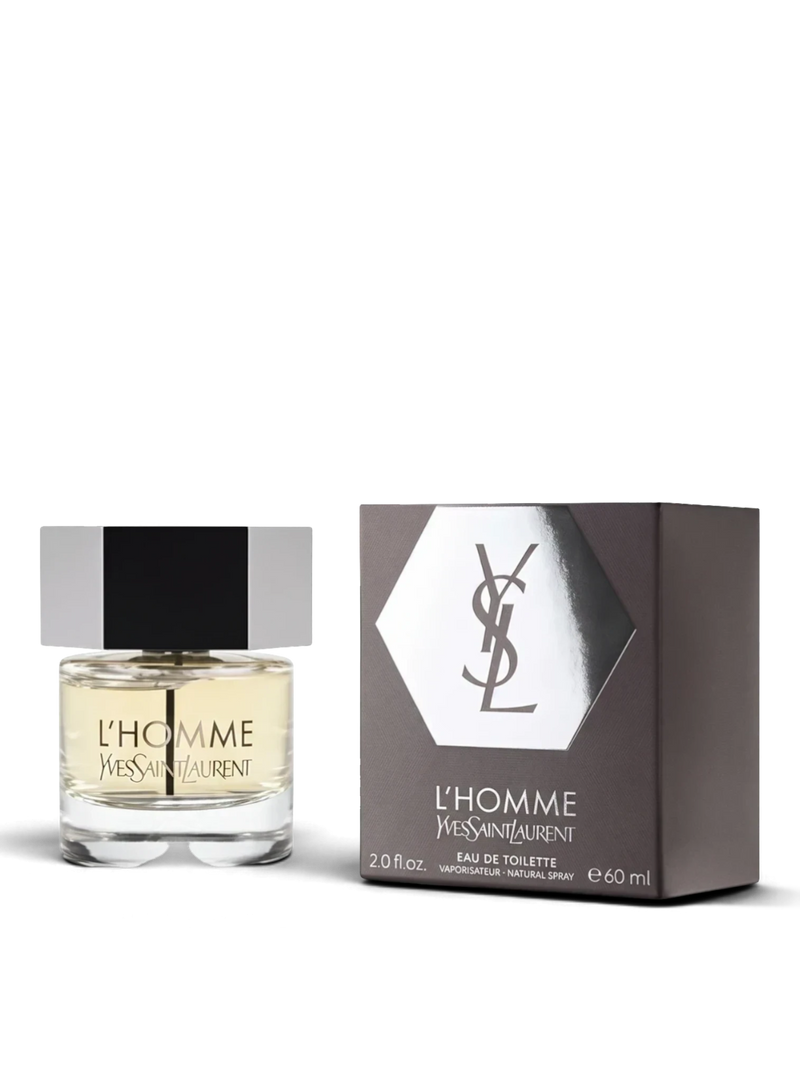 euaden Yves Saint Laurent L'Homme erkek parfümü, 60ml şık cam şişesi ve ikonik logolu kutusu ile birlikte