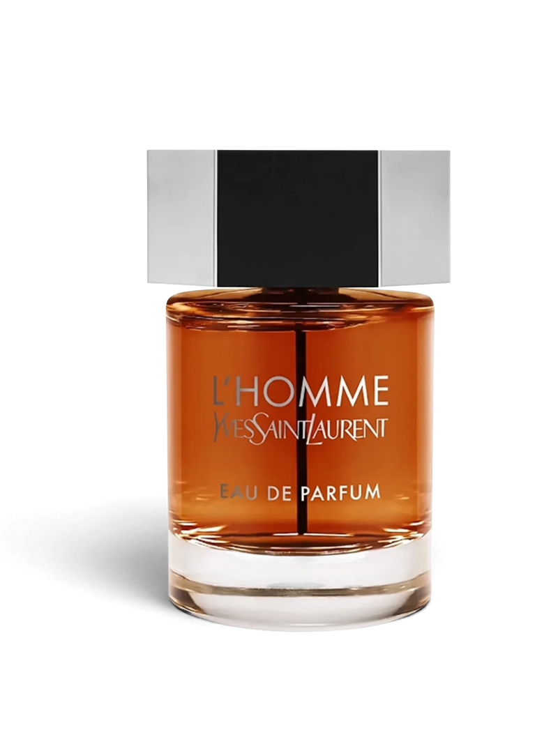 euaden Yves Saint Laurent L'Homme EDP erkek parfümü, kehribar renkli cam şişesi ve modern metalik kapak tasarımı