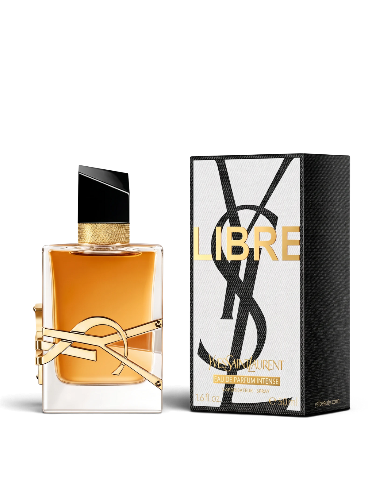 Euaden YVES SAINT LAURENT Libre Intense kadın parfümü, altın logolu şık cam şişesi ve siyah beyaz kutusu ile.