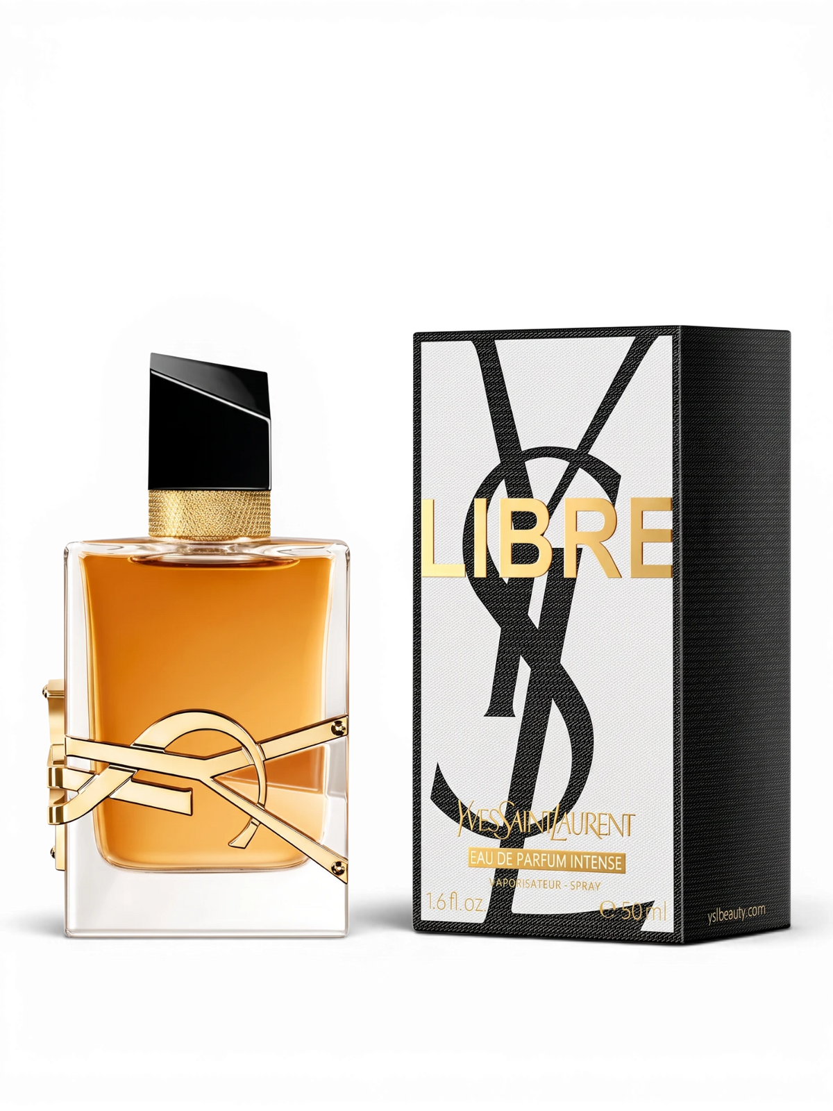 Euaden YVES SAINT LAURENT Libre Intense kadın parfümü, altın logolu şık cam şişesi ve siyah beyaz kutusu ile.