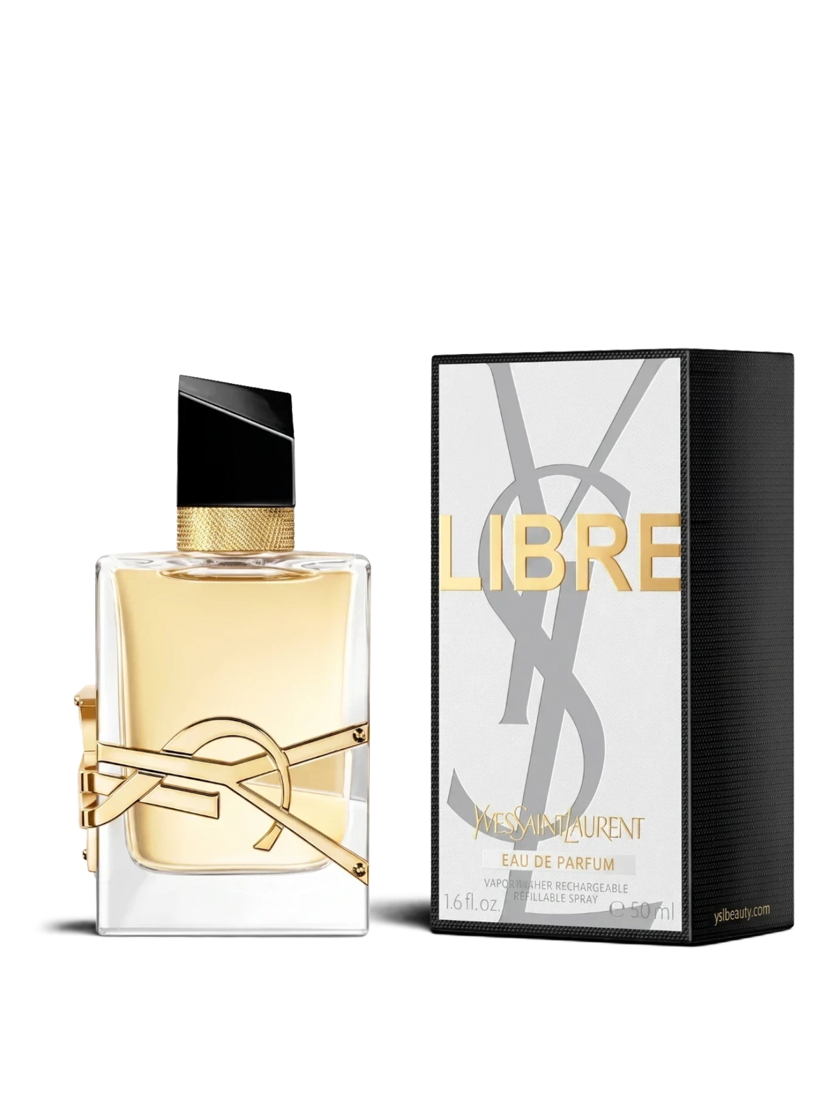 Euaden Yves Saint Laurent Libre kadın parfümü, altın logolu şık cam şişesi ve orijinal kutusu ile birlikte.
