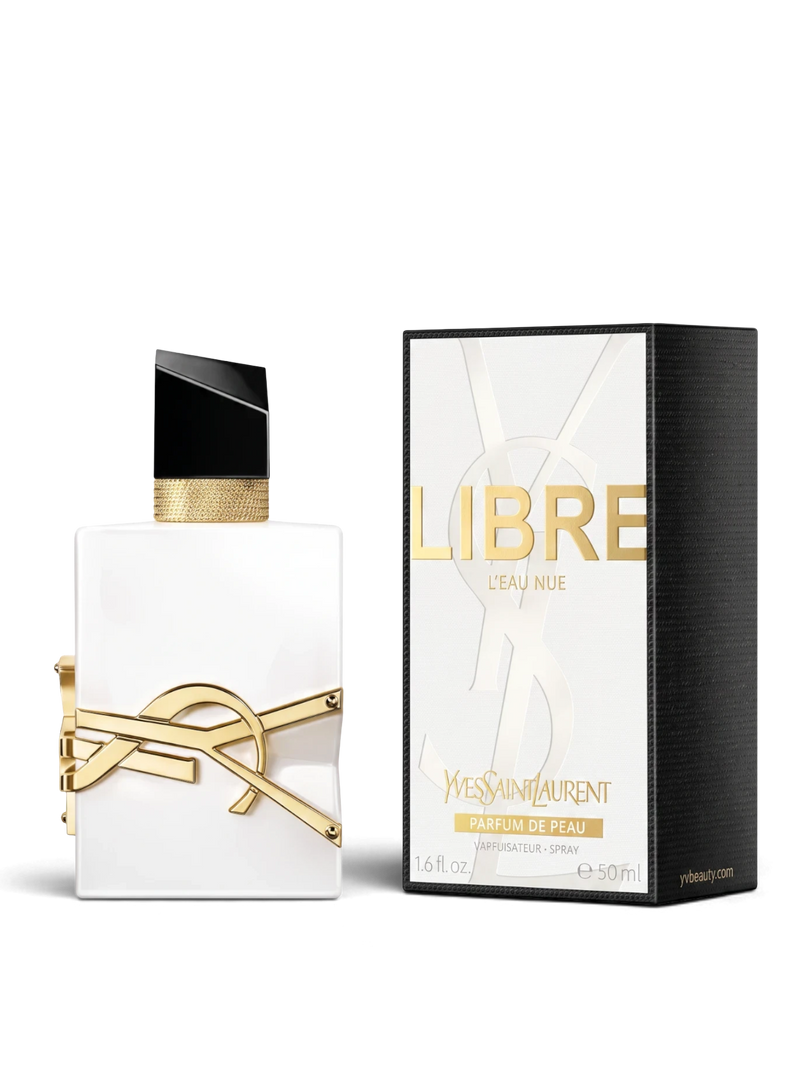 euaden Yves Saint Laurent Libre Parfum de Peau kadın parfümü, beyaz şişe tasarımı ve altın detaylı ikonik logo.