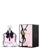 euaden YVES SAINT LAURENT Mon Paris kadın parfümü, siyah fiyonklu şık cam şişesi ve pembe kutusu ile