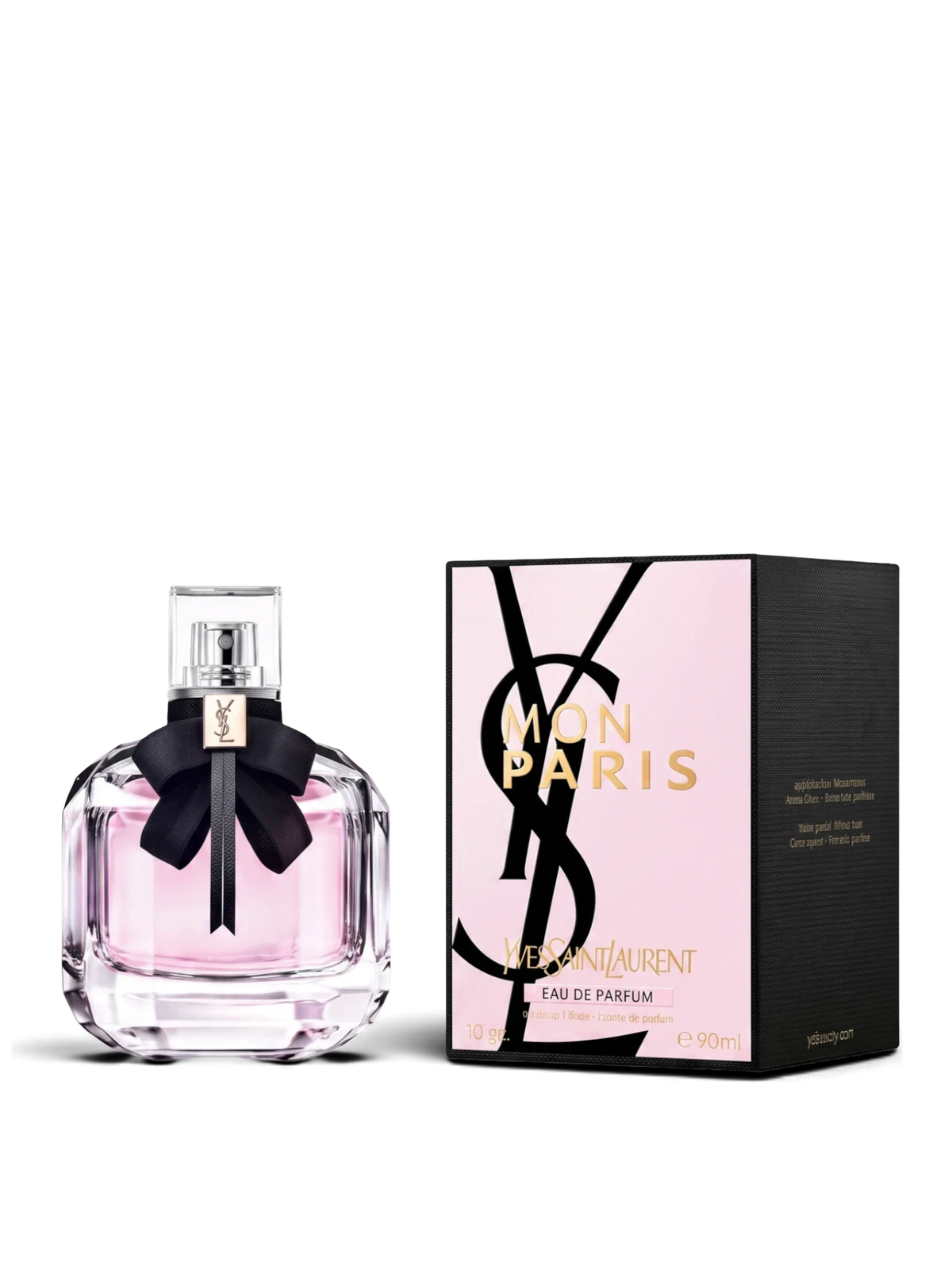 euaden YVES SAINT LAURENT Mon Paris kadın parfümü, siyah fiyonklu şık cam şişesi ve pembe kutusu ile