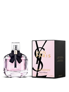 euaden YVES SAINT LAURENT Mon Paris kadın parfümü, siyah fiyonklu şık cam şişesi ve pembe kutusu ile
