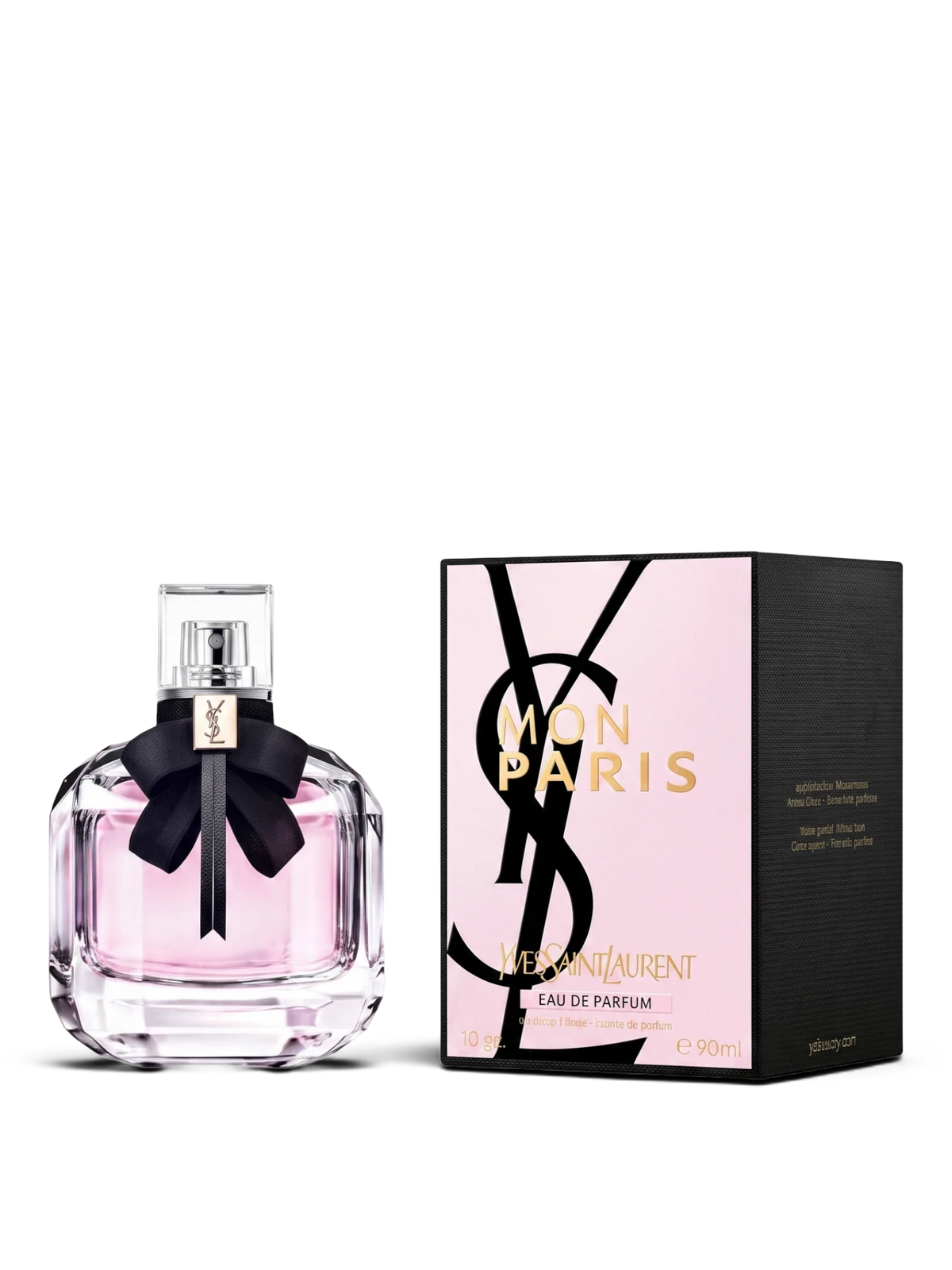 euaden YVES SAINT LAURENT Mon Paris kadın parfümü, siyah fiyonklu şık cam şişesi ve pembe kutusu ile