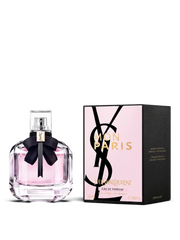 euaden YVES SAINT LAURENT Mon Paris kadın parfümü, siyah fiyonklu şık cam şişesi ve pembe kutusu ile