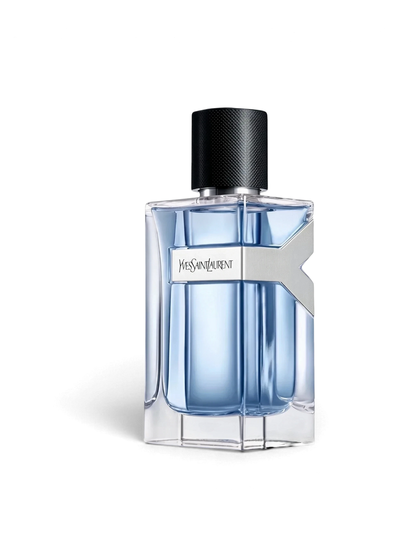 euaden Yves Saint Laurent Y EDT erkek parfümü, şeffaf cam şişesi ve ikonik gümüş Y logosu ile modern tasarım