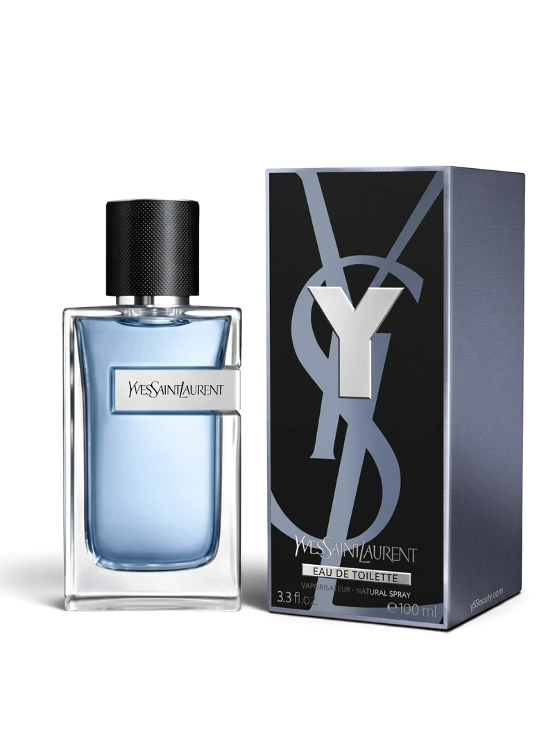 euaden Yves Saint Laurent Y erkek parfümü, şık cam şişesi ve ikonik logolu kutusuyla ferahlatıcı odunsu koku.
