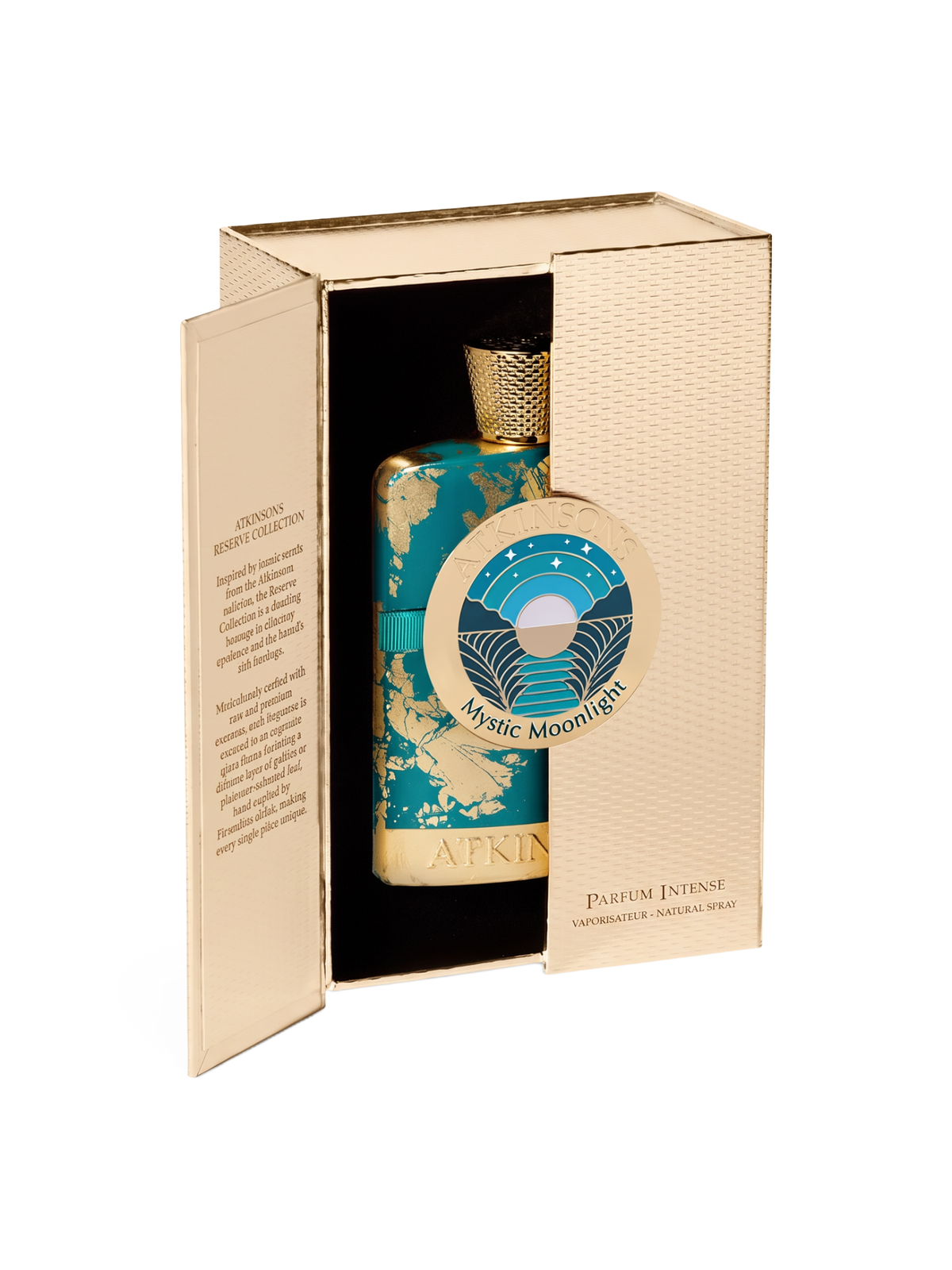 euaden Atkinsons Mystic Moonlight Parfum Intense 100 ml altın detaylı turkuaz şişe ve özel tasarım kutusu