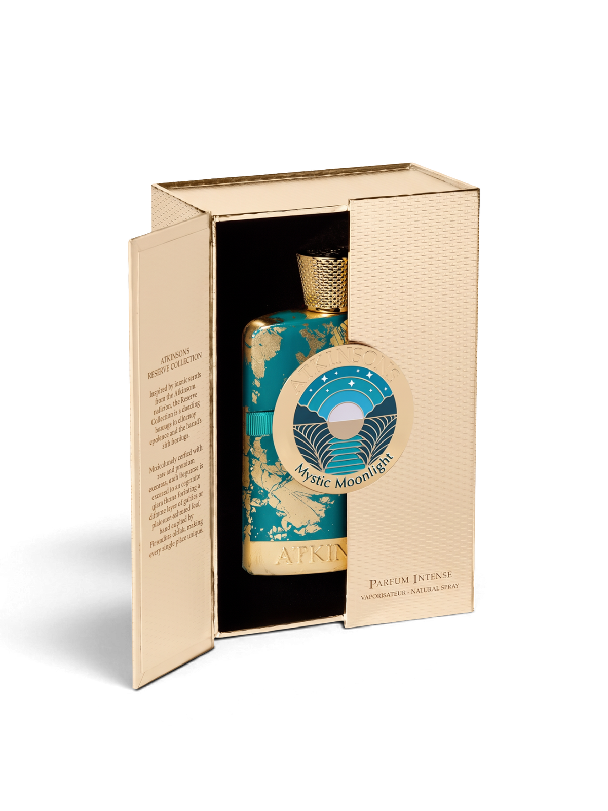 euaden Atkinsons Mystic Moonlight Parfum Intense 100 ml altın detaylı turkuaz şişe ve özel tasarım kutusu
