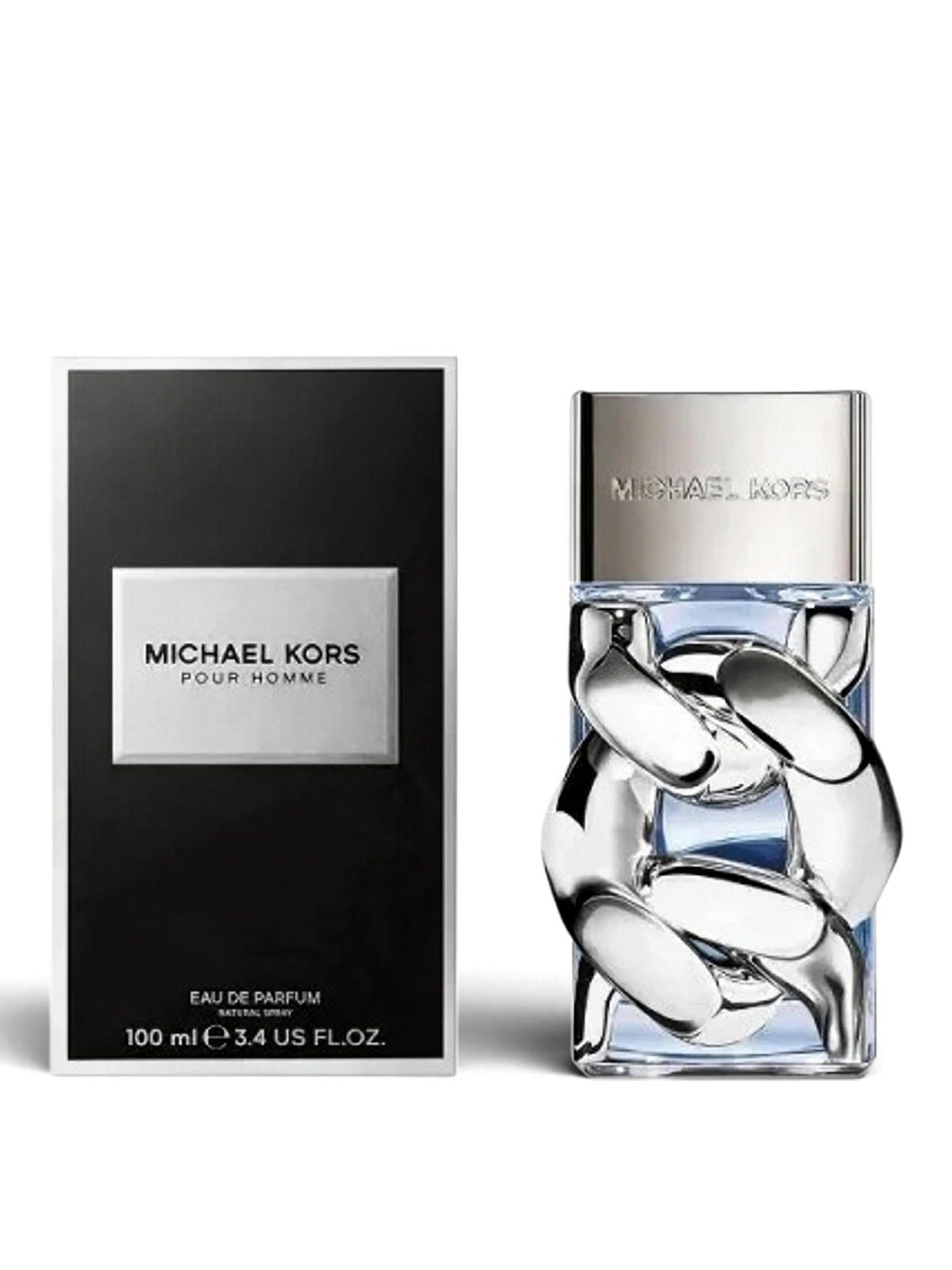 euaden Michael Kors Pour Homme EDP 100 ml erkek parfümü, zincir detaylı şık cam şişesi ve siyah kutusu ile