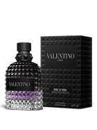 euaden Valentino Uomo Born In Roma Purple Melancholia erkek parfümü, mor detaylı cam şişesi ve siyah kutusu ile
