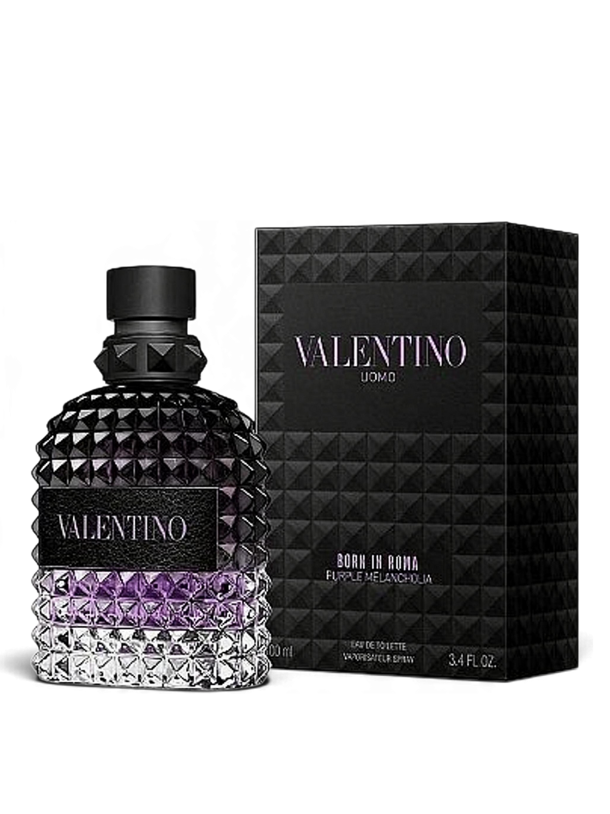 euaden Valentino Uomo Born In Roma Purple Melancholia erkek parfümü, mor detaylı cam şişesi ve siyah kutusu ile