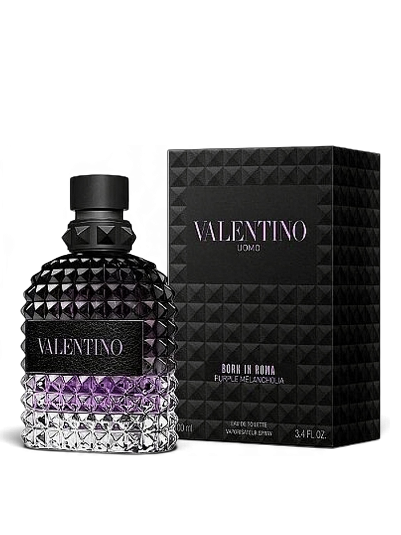 euaden Valentino Uomo Born In Roma Purple Melancholia erkek parfümü, mor detaylı cam şişesi ve siyah kutusu ile