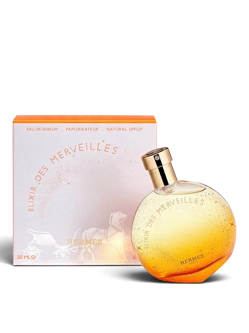 Euaden Hermès Elixir des Merveilles EDP parfüm şişesi ve turuncu kutusu, altın sarısı ışıltılı cam tasarım.