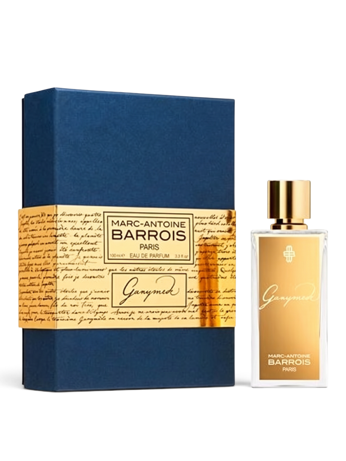 euaden MARC-ANTOINE BARROIS Ganymede 100ml unisex parfüm, altın detaylı şık şişesi ve özel lacivert kutusu ile.