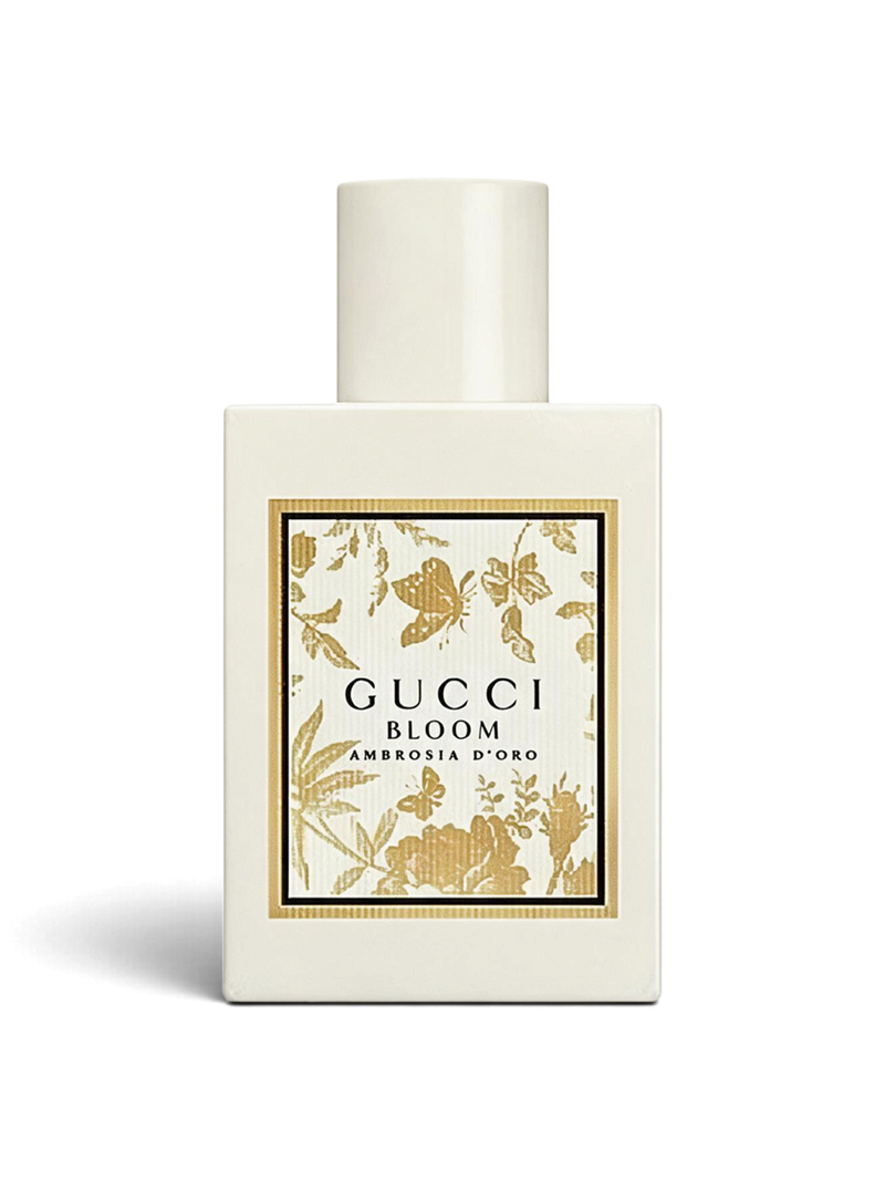 euaden Gucci Bloom Ambrosia Di Fiori 50 ml kadın parfümü, beyaz şişe üzerinde altın çiçek ve kelebek desenli tasarım