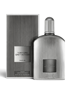 Euaden Tom Ford Grey Vetiver Parfum, gümüş renkli çizgili şişesi ve uyumlu kutusuyla lüks erkek parfümü.