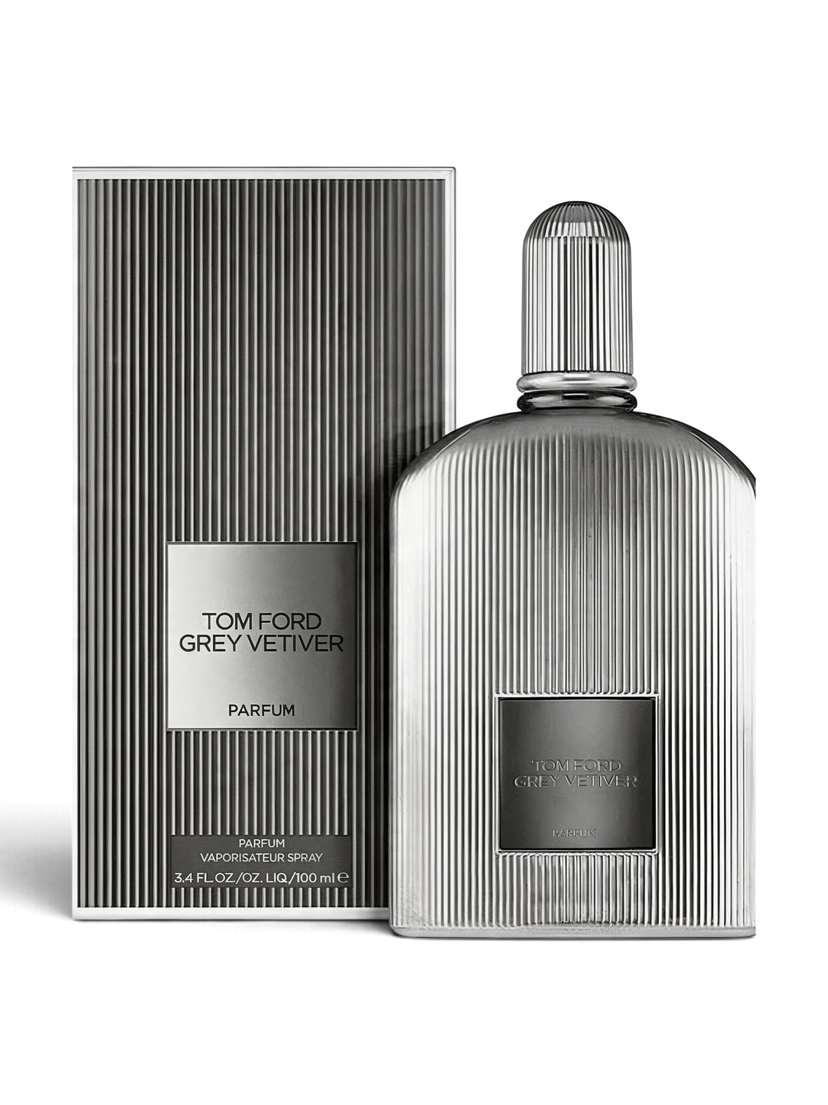 Euaden Tom Ford Grey Vetiver Parfum, gümüş renkli çizgili şişesi ve uyumlu kutusuyla lüks erkek parfümü.