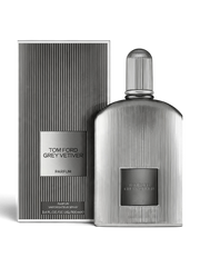 Euaden Tom Ford Grey Vetiver Parfum, gümüş renkli çizgili şişesi ve uyumlu kutusuyla lüks erkek parfümü.