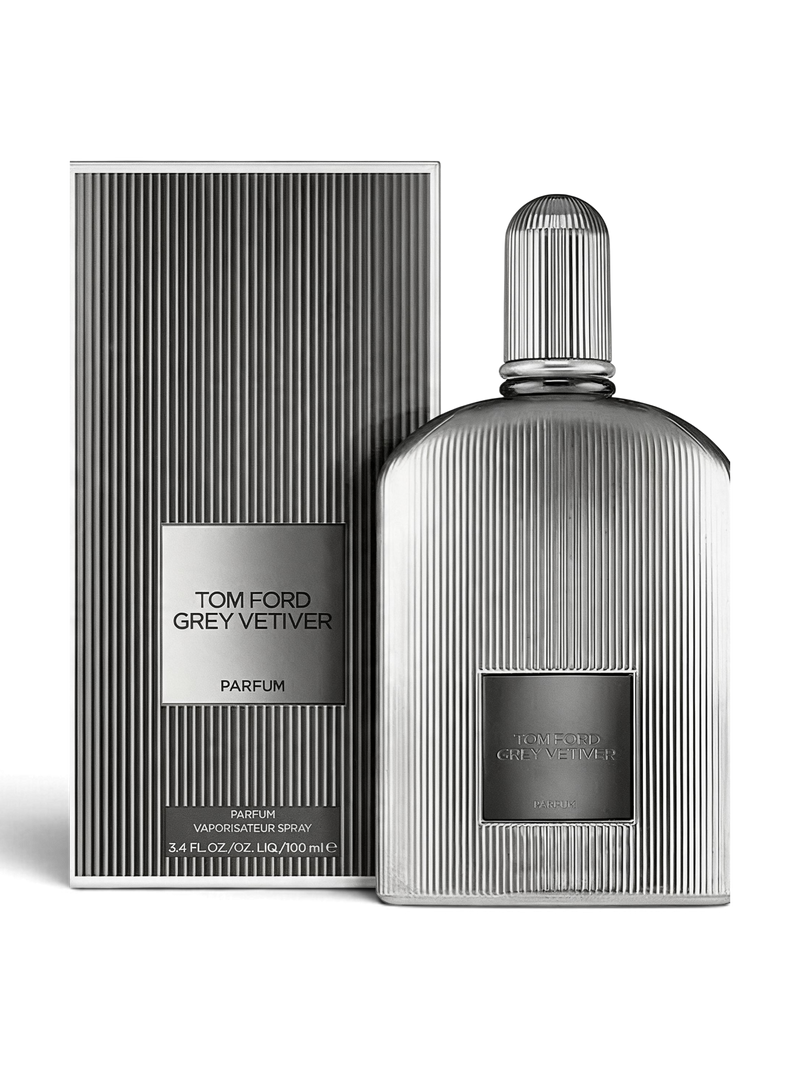 Euaden Tom Ford Grey Vetiver Parfum, gümüş renkli çizgili şişesi ve uyumlu kutusuyla lüks erkek parfümü.